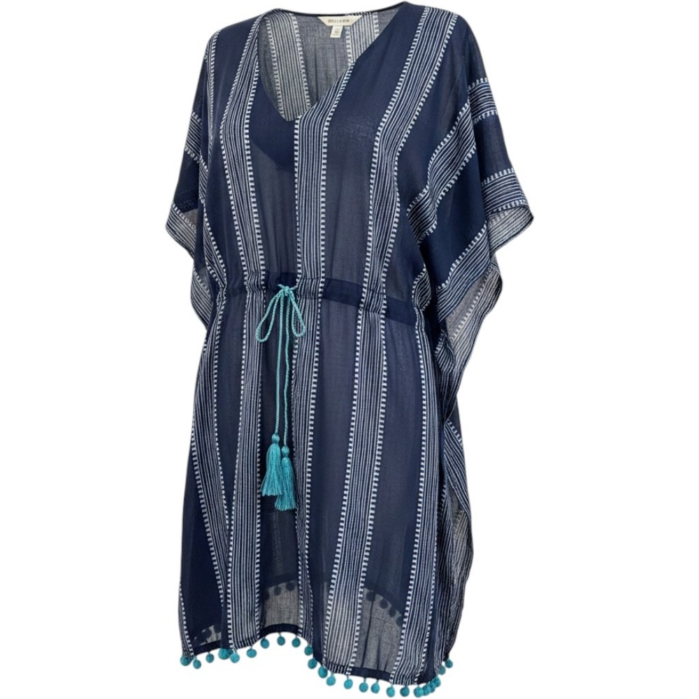 Lucky & Coco Kaftan Women Cover Up Navy Blue Striped Pom Pom Tassel Coastal Boho